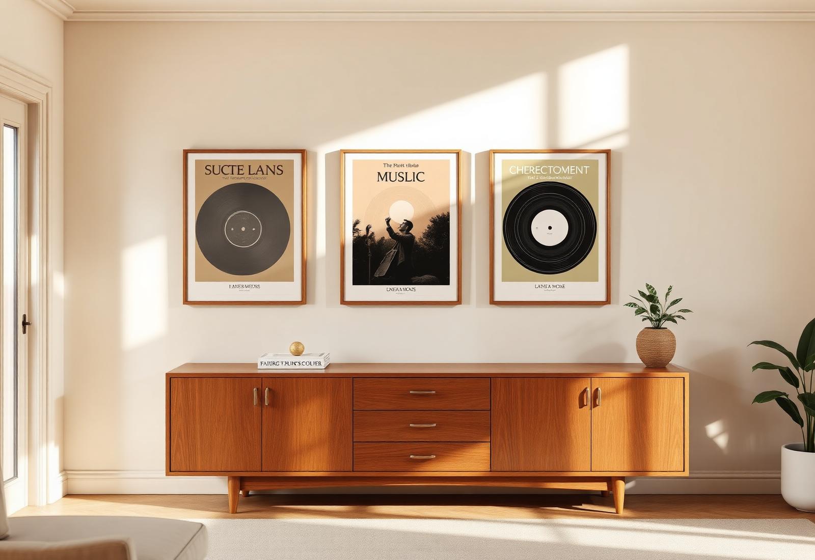Three framed album posters above a mid-century sideboard in a sunlit living room